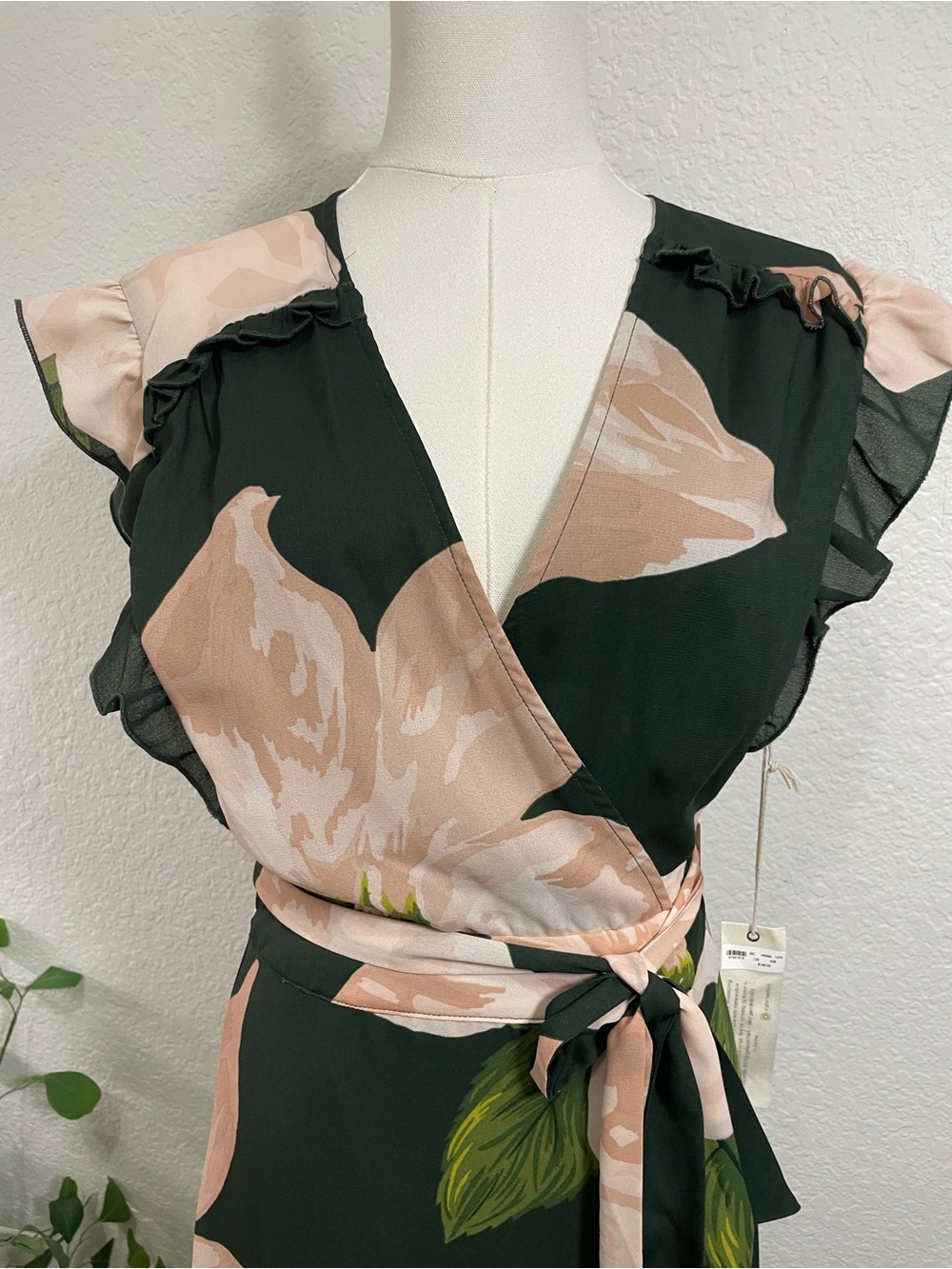 Happy Nature Floral Wrap Midi Dress NWT | Eco-Friendly Green Blush Ruffle Dress - Picture 3 of 10